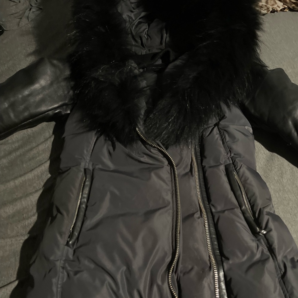 Dark Grey with Black Fur around the hood with leather sleeves Mackage